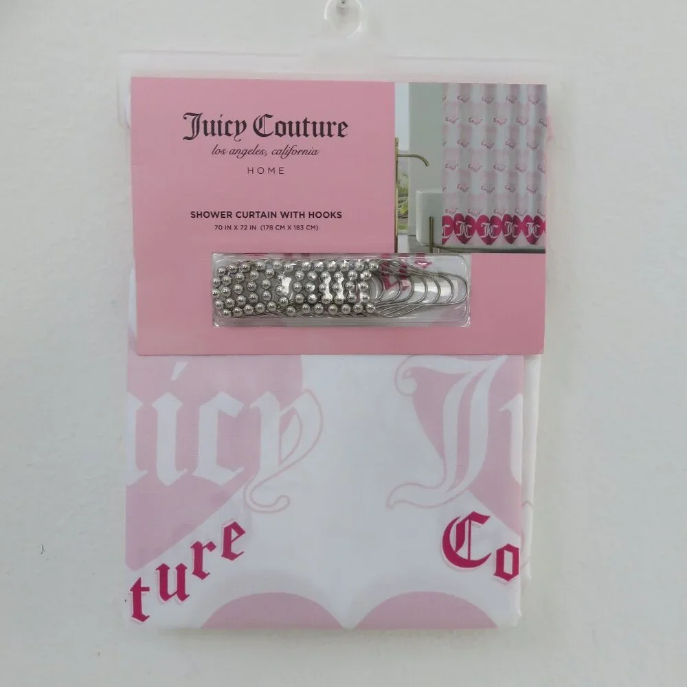 (#116) Juicy Couture White and Pink Shower Curtain with Hooks